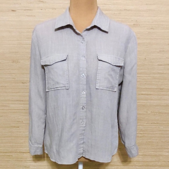 Amaryllis Tops - Amaryllis Light Beige Oatmeal Linen Cotton Button-Up Long Sleeve Shirt Medium